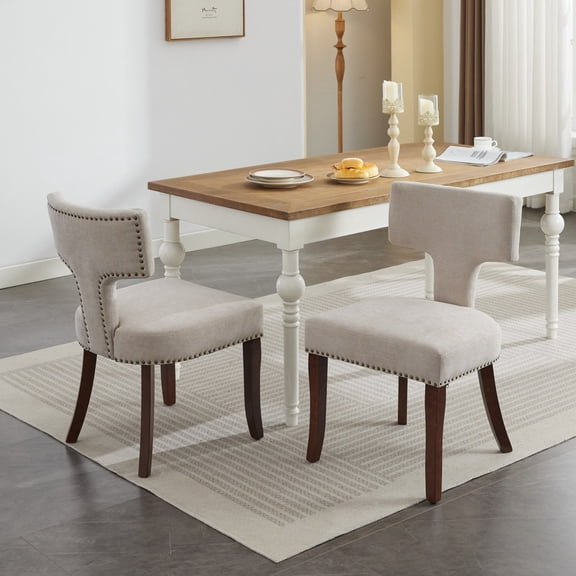 Mid Century Modern Dining Chairs Set of 2, Farmhouse Linen Upholstery with Curved Backrest and Copper Nail Accents, Solid Hardwood Frame for Kitchen or Dining Room, Beige
