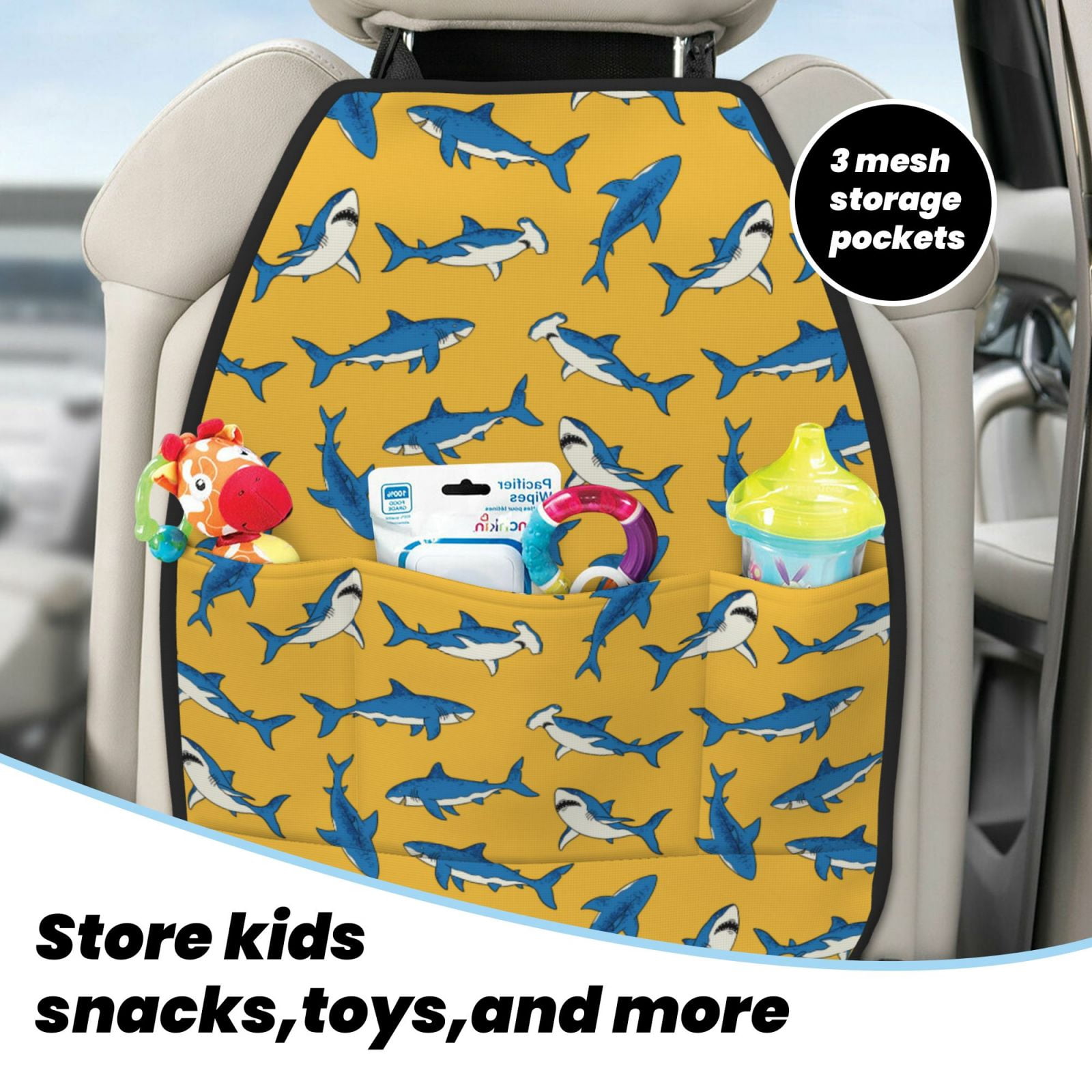 Kdxio Shark Print Print 2 Pack Car Kick Mat Seat Cover Back Protector Mat with Pockets for Organizer Backseat Protector and Storage Anti Kick Pad for Vehicles