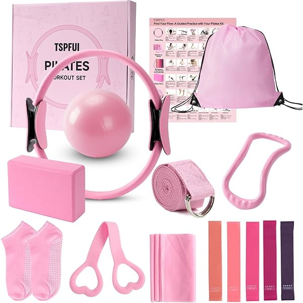 Pilates Ring Kit for Women,Magic Circle Hoop, 5 Resistance Bands,Yoga Ball & Yoga Block,Workout Guide Included,Full-Body Pilates Workout Equipment Suitable for Beginners(14pcs) (14pcs-Pink)