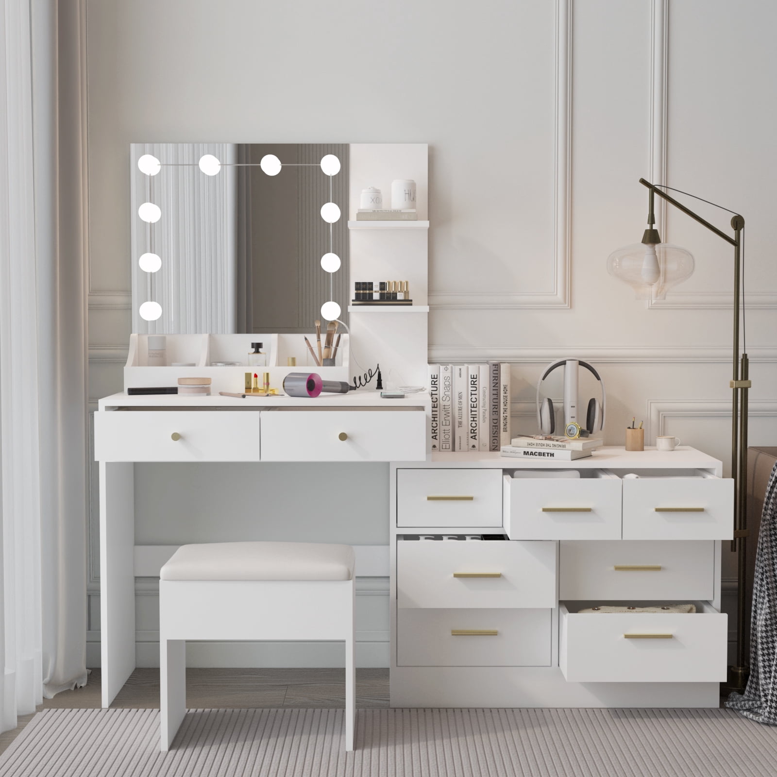 Ktaxon Makeup Vanity with 9 Drawers&USB Charging Station, Vanity Desk with 3 Color Light, Vanity Table Set w/ 9 Drawer Dresser, White