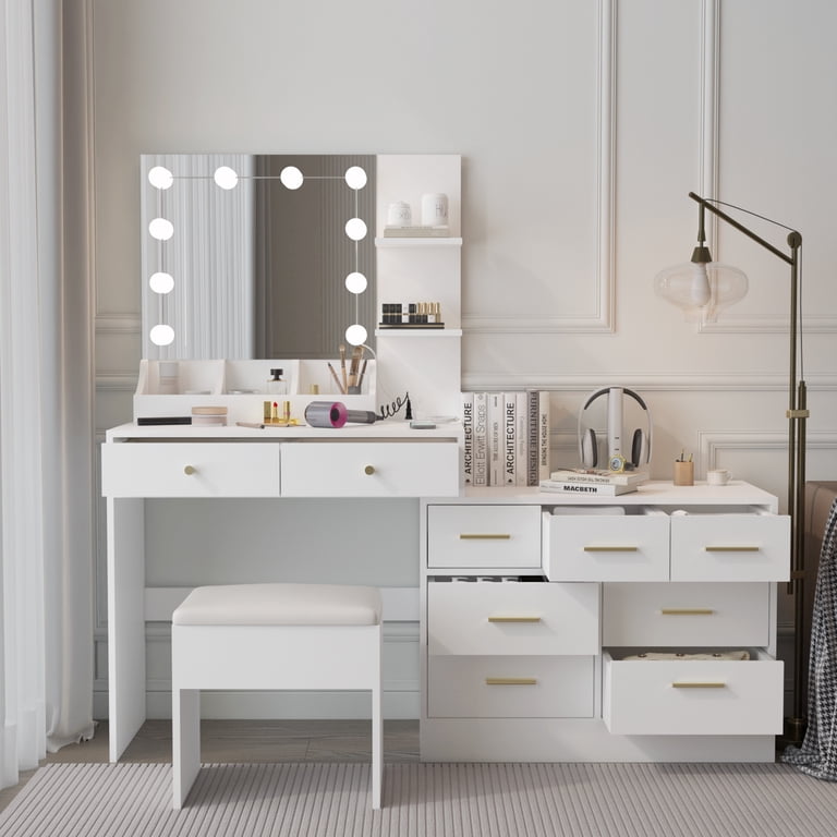 YOURLITE Vanity Desk With Mirror And Lights, Makeup Vanity With 5 Drawers & Sliding Mirror White 3 Modes Adjustable Lighted Power Outlet