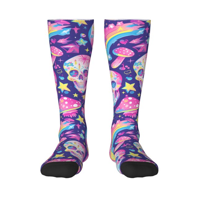 Fotbe Skull rainbow mushroom colorful Calcetas Divertidas Estampadas para Hombre y Mujer, Calcetas de Algodón hasta la Rodilla para Caminar, Correr, Enfermería y Embarazo