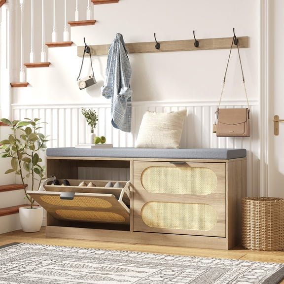 JULY'S SONG Rattan Shoe Rack with Drawers, Shoe Cabinet with Coat Rack, Shoe Storage Bench for Entryway with Cushion, Light Wood-Oval