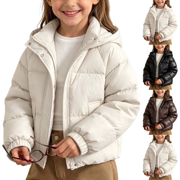 Lutiedan Hooded Puffer Jacket for Girls Zip Up Quilted Warm Outerwear Casual Long Sleeve Winter Coat with Pockets Size 1-10