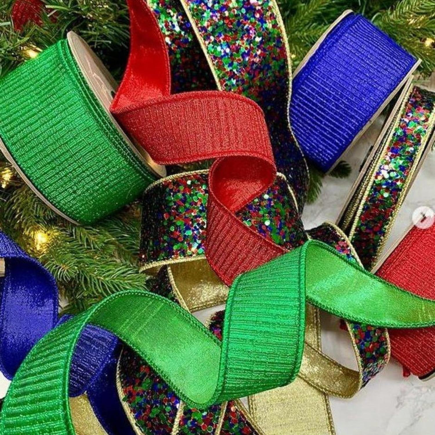 2.5" Cirque Glitter Ribbon: Emerald Green/Red/Blue (10 Yards)