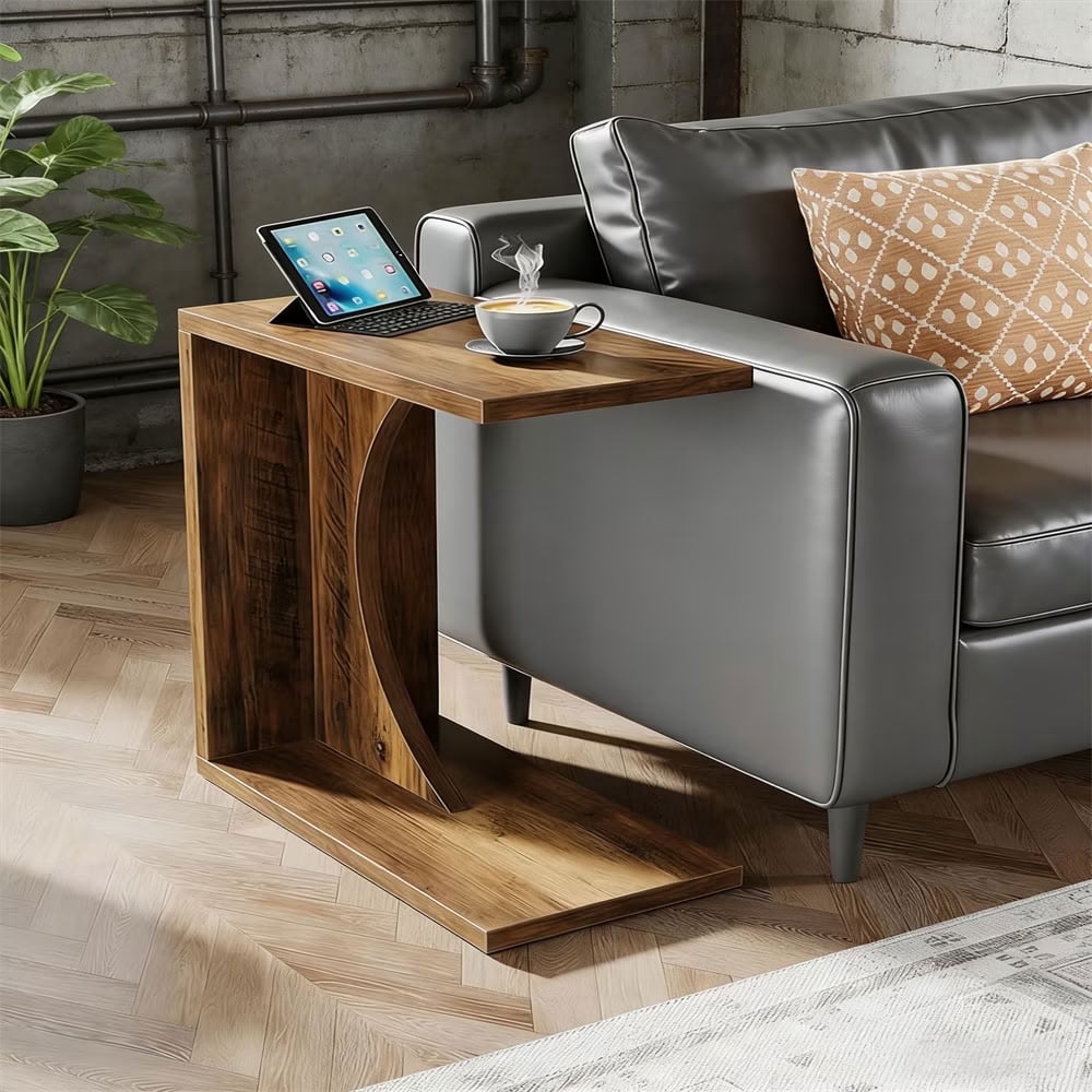 MAYEERTY C-Shaped End Table, Modern Wooden Space-Saving Couch Table for Living Room, Bedroom, Home Office