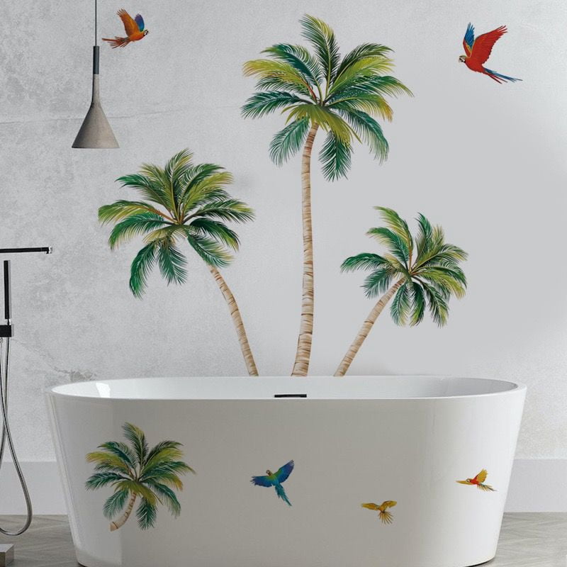 Palm Tree Wall Stickers Tropical Plants Birds Peel and Stick Wall Art Decals for Living Room Bedroom TV Wall