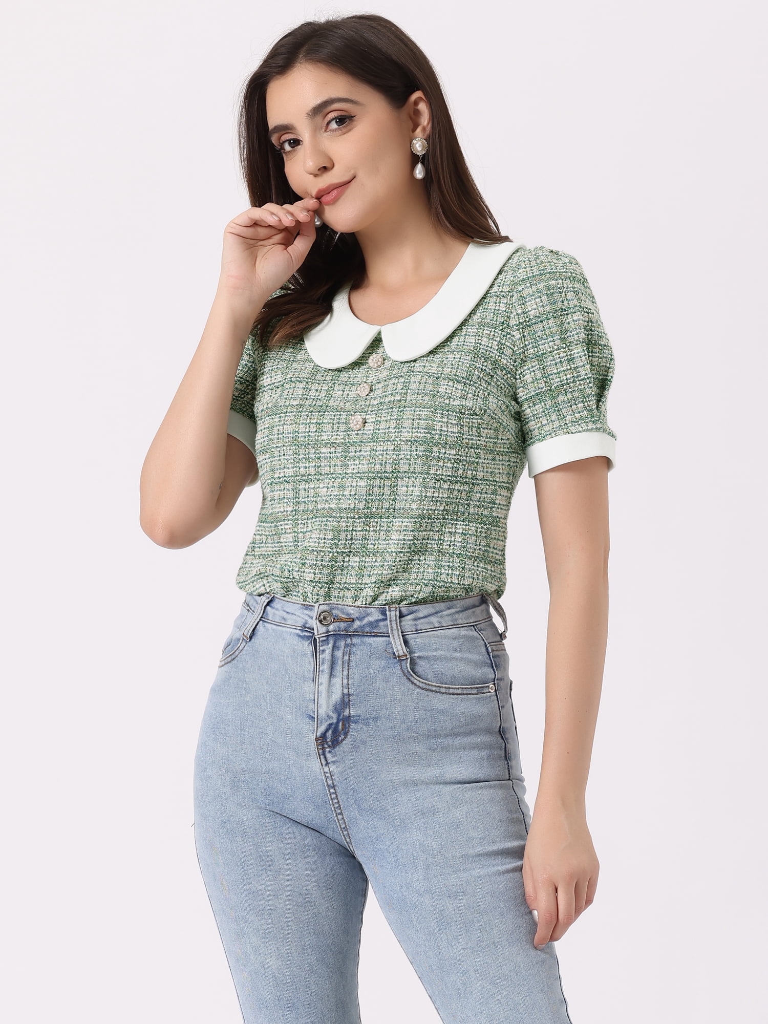 DARING DIVA Women's Peter Pan Collar Blouse Button Top Shirt L Green