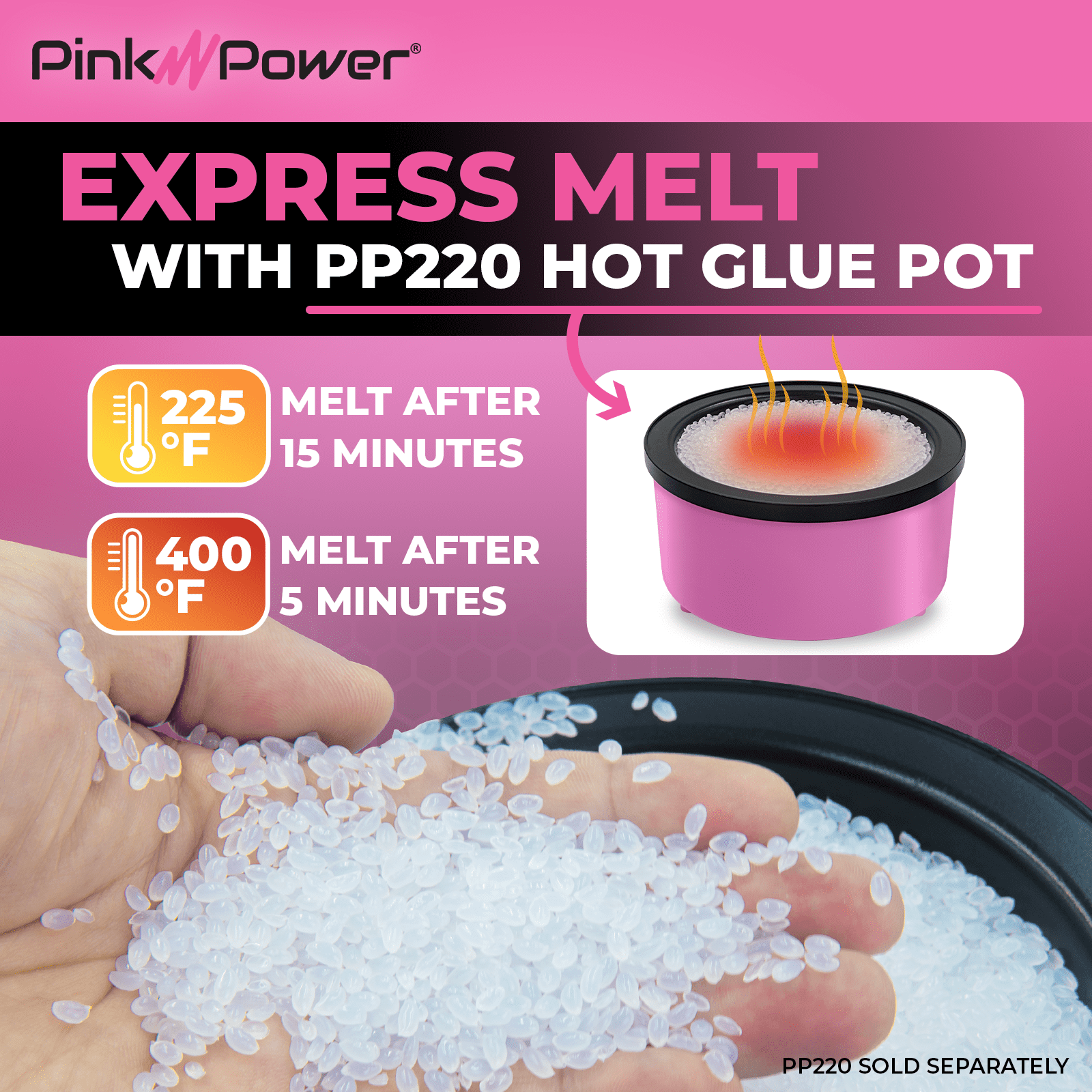 Pink Power Electric Hot Glue Pot for Crafts and 1lb Hot Glue Pellets Hot Melt Glue for Crafting - Adjustable Temp 225-400 F 160ml Hot Glue Skillet for Crafting - Hot Glue Pots for Crafting Glue Buddy