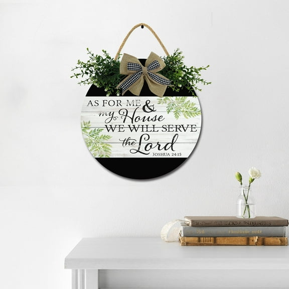 Eveokoki My House Will Serve The Lord Wooden Front Door Sign Rustic Round Wreath Wall Hanger Porch Decor Spring and Summer Farmhouse Decoration Housewarming Gift 12 Inches