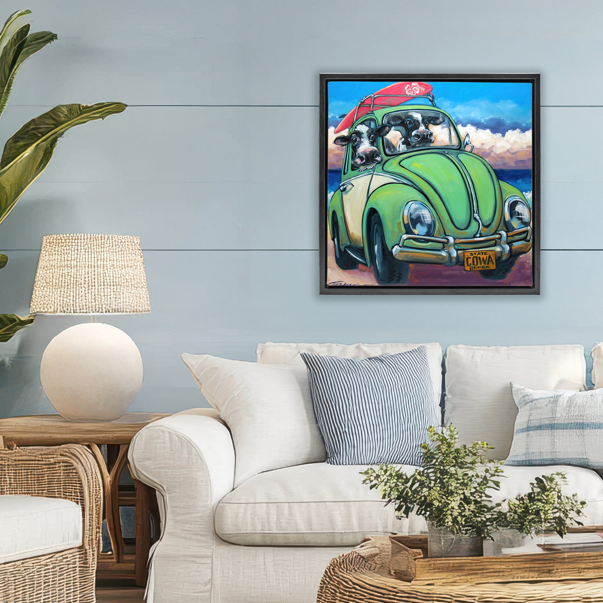Stupell Industries Cowabunga Surfer Cows Black Framed Floater Canvas Wall Art, design by CR Townsend