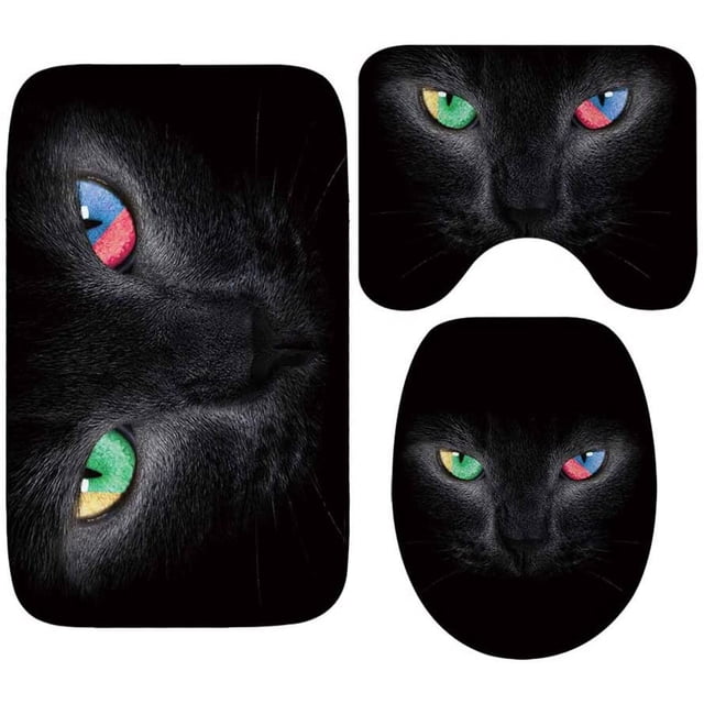 3 Pcs Tapis de Toilette Antidérapant Flanelle Imprimé Yeux de Chat 3D