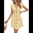 thumbnail image 3 of Vestidos de Verano A Rayas para Mujer, Minivestido Informal con Cuello en V, Mangas Abullonadas, Volantes y Botones. Amarillo L, 3 of 8