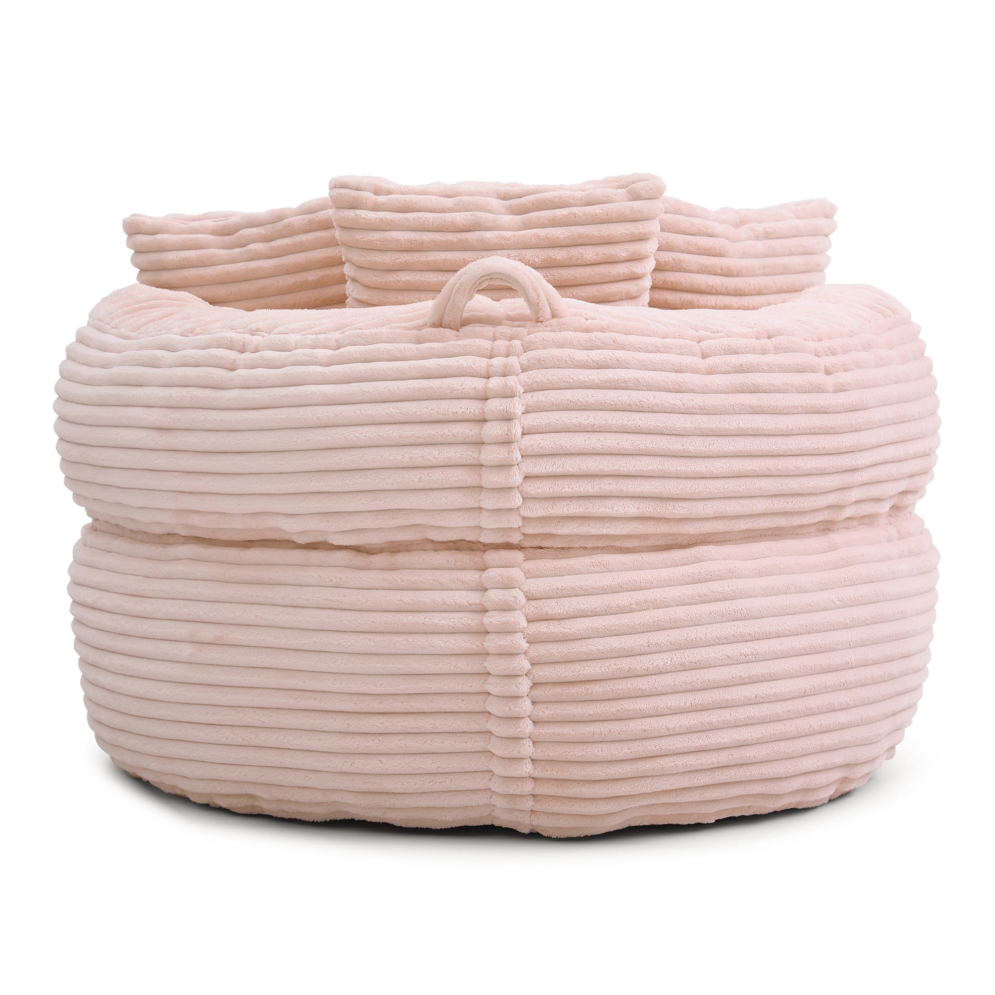 MDQMD 45"Oversized Bean Bag Chair Round with Armrests Corduroy Fabric 3 Pillows Comfy Lazy Sofa for Adults Giant Bean Bag Chair for Living Room Bedroom Gaming Reading Nook Pink