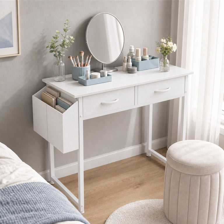 edx Small Desk with Fabric Drawers & Storage Bag Iron Hook, Home