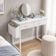 edx Small Desk with Drawers & Iron Hook, 32 Inch Computer Desk,White Vanity Desk with Storage Bag Modern Gaming Writing Desk Study Table for Home Office, White