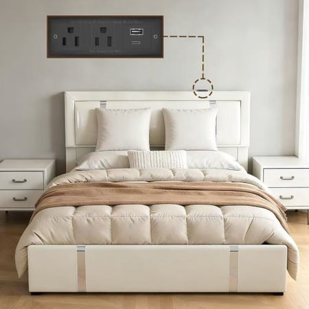 Queen Size Lift Up Storage Bed Frame with Adjustable LED Headboard, Faux Leather Upholstered Platform Bed with USB-C Charging Ports for Bedroom, White