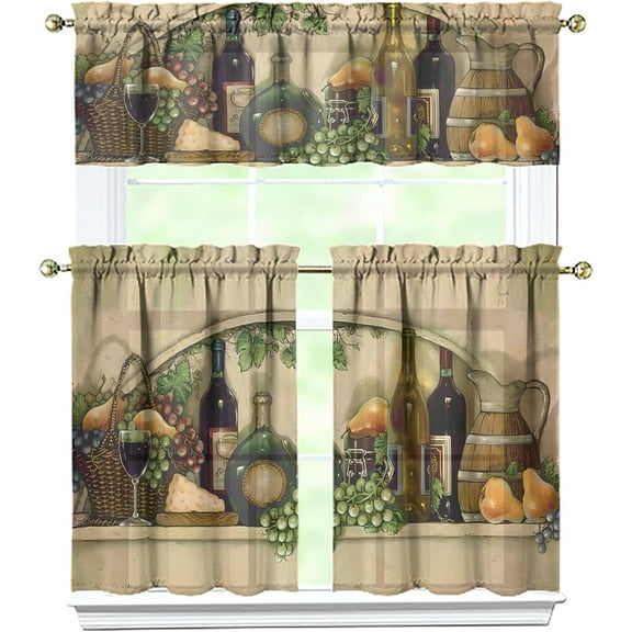 Red Wine Kitchen Curtains Valances and Tiers Set for Windows, Grape Bathroom Window Curtain Valance 3 Piece Sets,Kitchen Decor for Living Room,54"x 36"