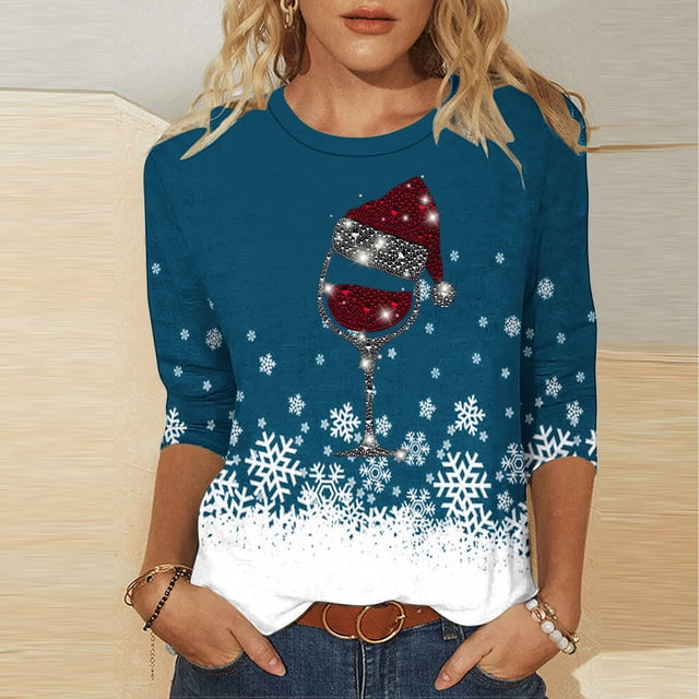FcBaudy Hauts pour Femmes, Chemises pour Femmes, Blouses & Chemises à Manches Courtes Col Rond Mode Féminine T-shirt Imprimé de Noël Manches 3/4 Blouse Col Rond Décontractée Femme Blouse en Polyester