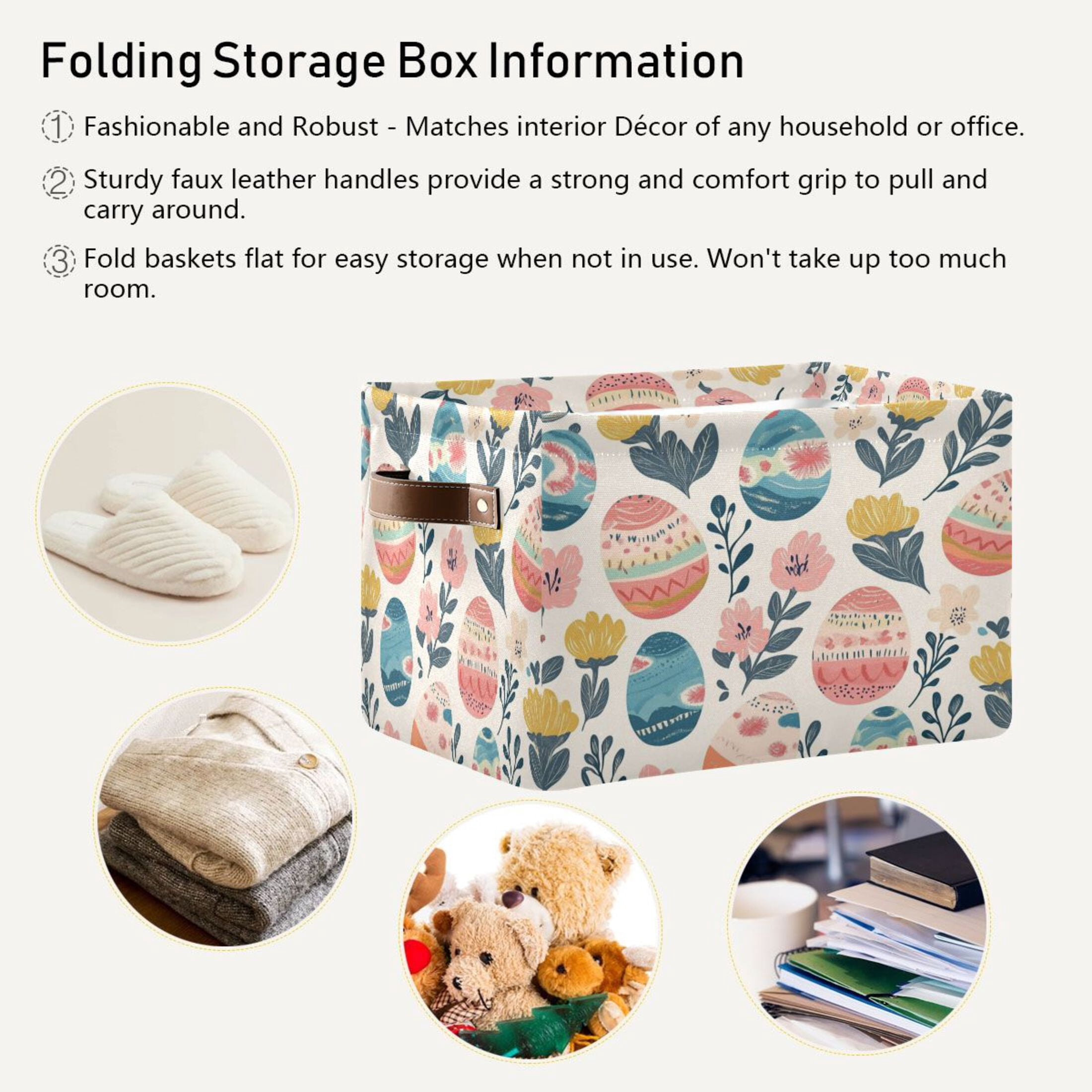WOBOGO Happy Easter Eggs Square Storage Basket with Waterproof Canvas and PE Lining Durable PU Leather Handles 14.2×10.2×8.3in
