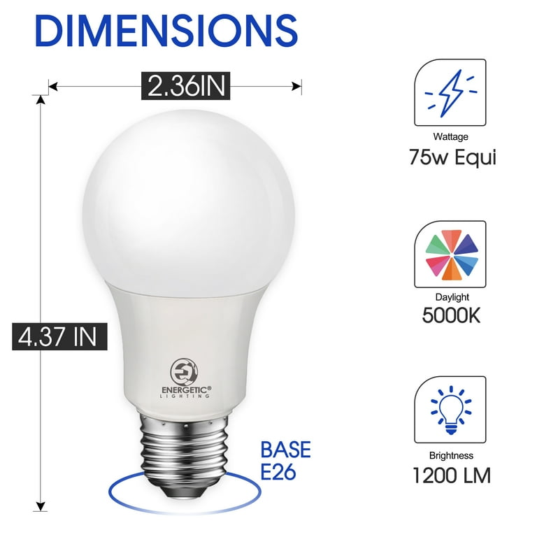ENERGETIC A19 LED Light Bulb 12 Watts 75W Equivalent 5000K Daylight 1200lm UL Listed E26 Base 12 Pack