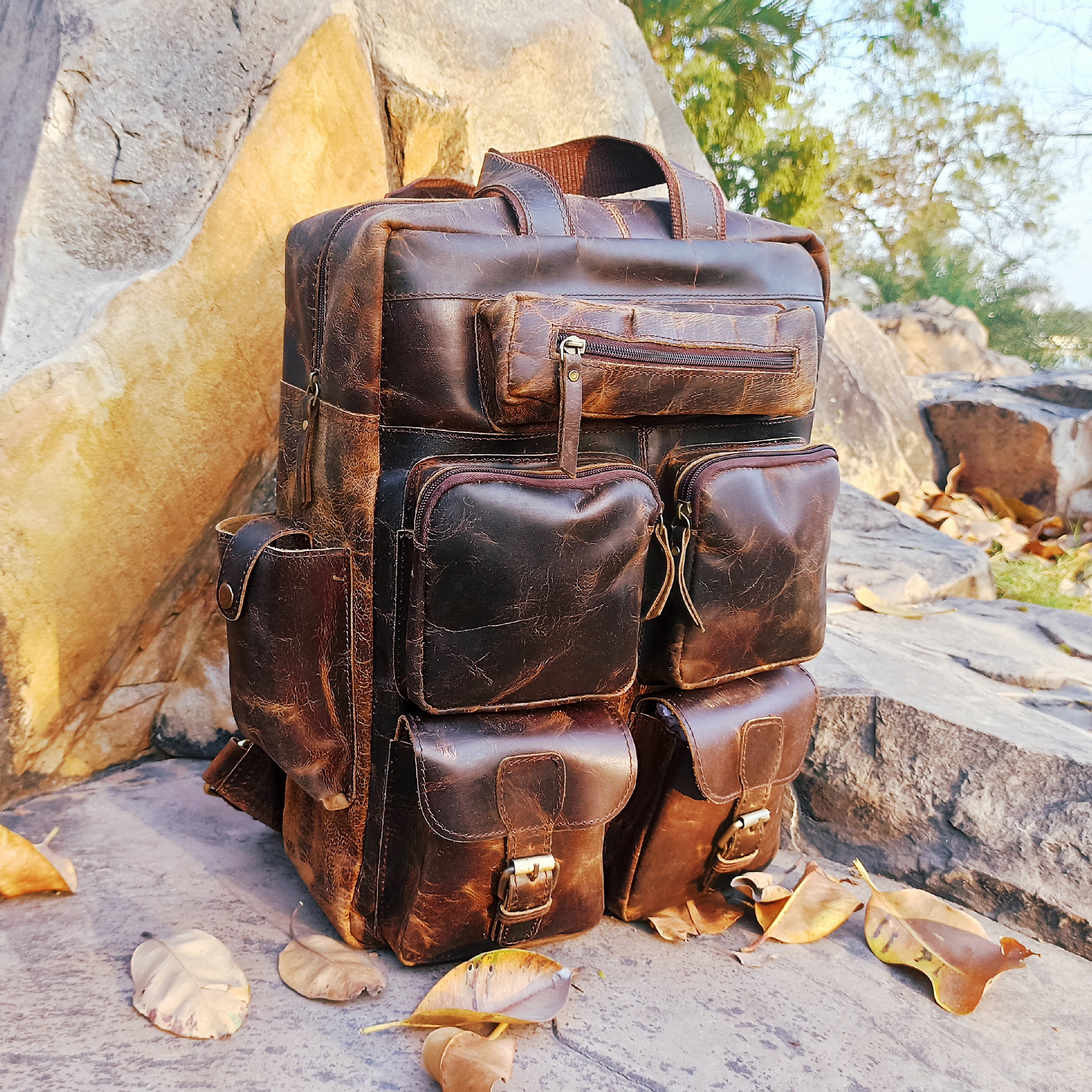 Leather Backpack Multi Pockets Daypack Travel Laptop Bag for Men Women