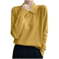 thumbnail image 2 of Itsame Women Knitted Polo Sweater V-Neck Knitted Sweaters Long Sleeves Solid Color Relaxed Lapel Collar Sweatshirts Yellow Size XL, 2 of 6