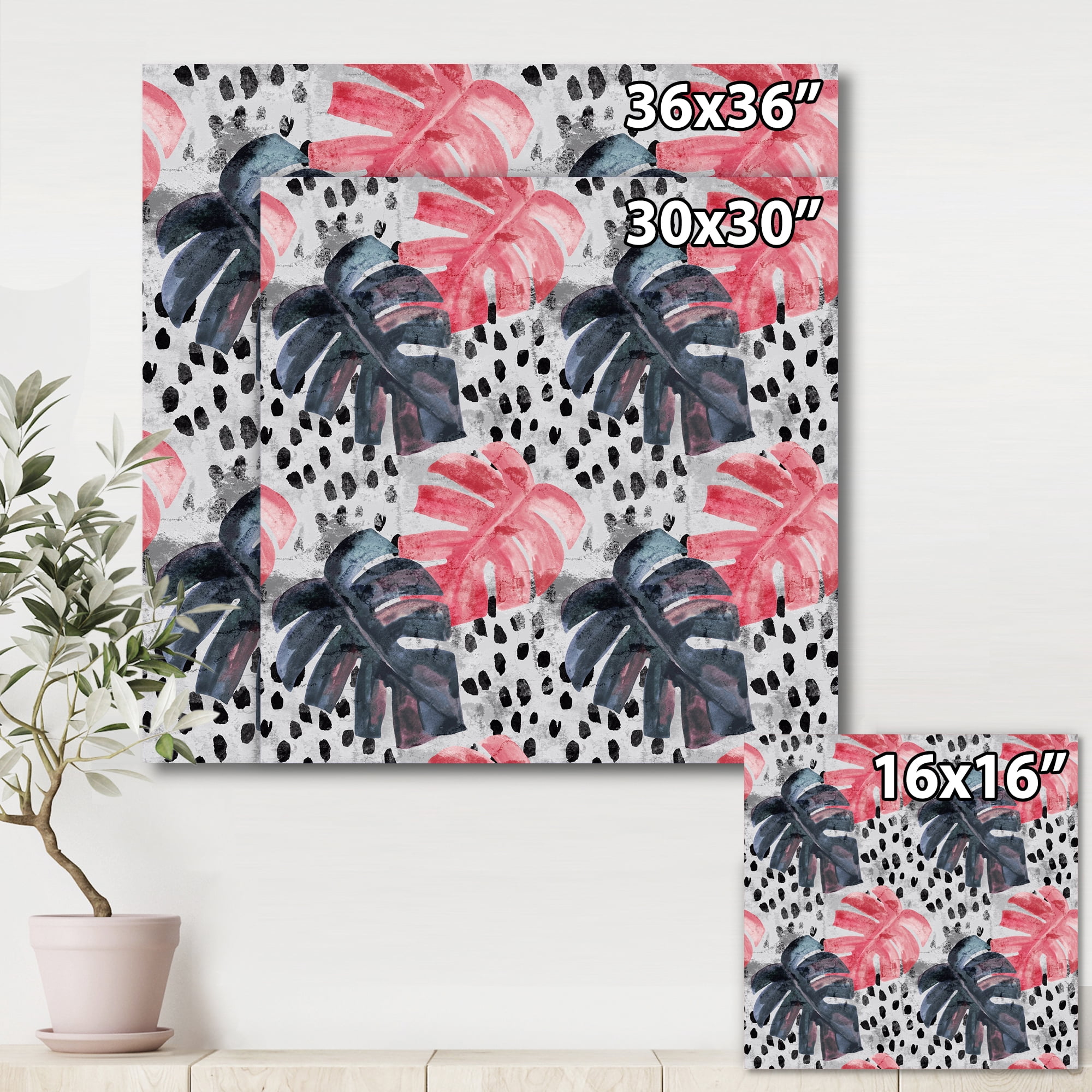Designart ' Black and Red Monstera On Rough Brush Strokes I ' Tropical Canvas Wall Art Print