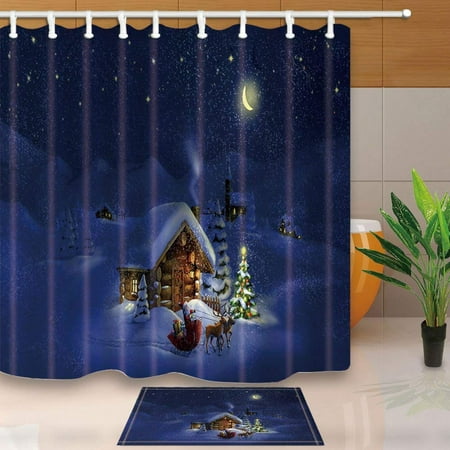 WOPOP CHristmas Santa Reindeer Log Cabin Starry Sky Shower Curtain 66x72 inches with Floor Doormat Bath Rugs 15.7x23.6