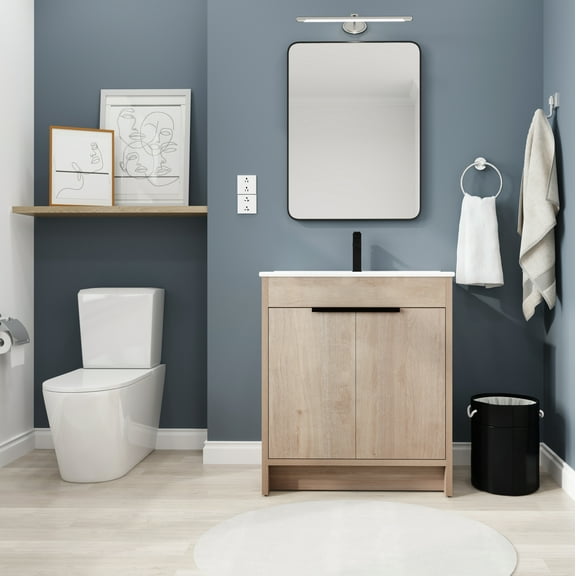 30 Inch Freestanding Bathroom Vanity with White Ceramic Sink & 2 Soft-Close Cabinet Doors, Light Oak