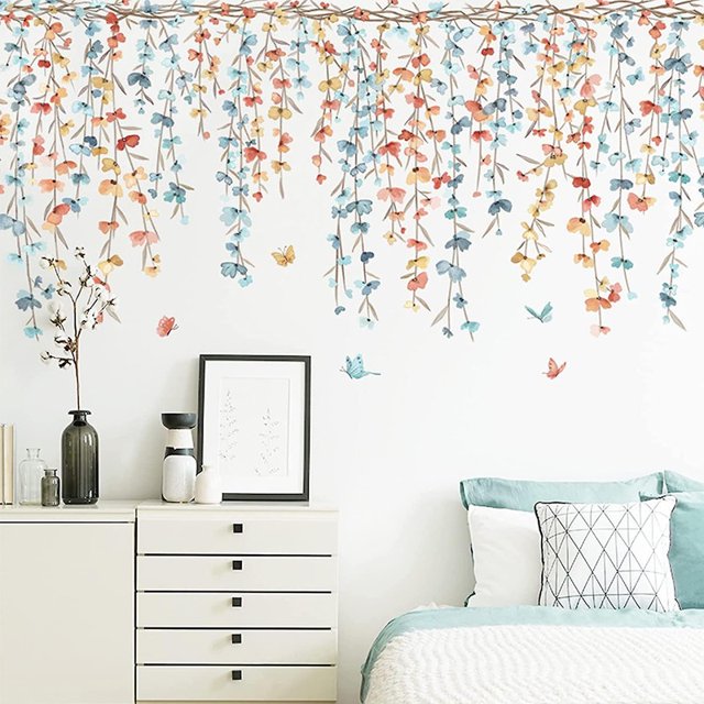 Pegatinas de pared con hojas de eucalipto verde extraíbles, decoración de pared con plantas para la habitación de los niños, sala de estar y dormitorio