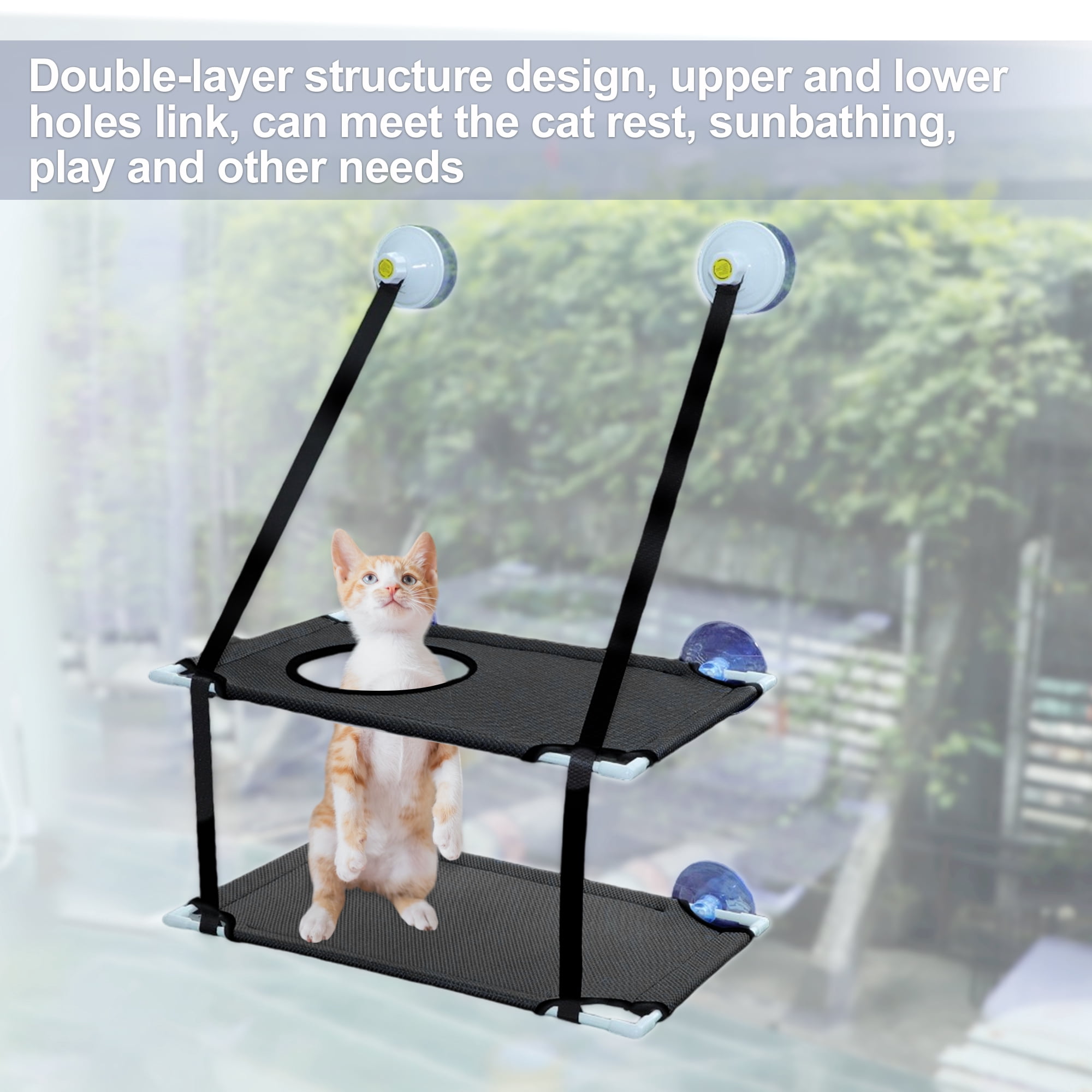 Unique Bargains Unique Bargains Cat Window Perch Double-Layer Cat Hammock Cat Window Hammock Cat Window Bed with Two Scratching Posts 20.08"x12.2"x11.02" Black