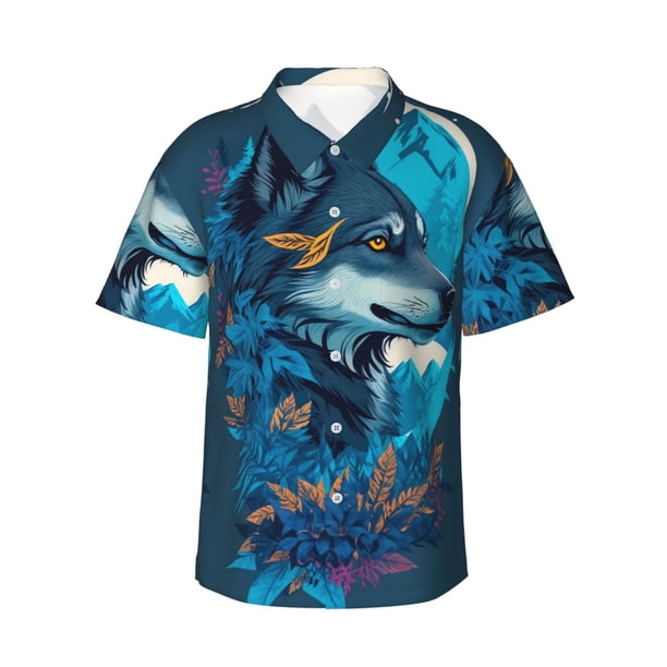 Fotbe Blue Iceberg Leaf Wolf Camisa Hawaiana para Hombre Unisex – Camisa Casual de Verano con Botones de Manga Corta de Algodón y Lino,Small