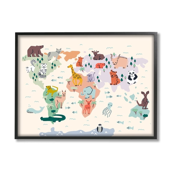 Stupell Industries Educational World Map Native Animals Wildlife Chart Graphic Art Black Framed Art Print Wall Art, Design by Dominika Godette