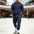thumbnail image 2 of RYDCOT Men's 2 Piece Outfits Long Sleeve Pocket 1/4 Zipper Polo Sweatshirt and Cargo Sweatpants Tracksuit Set Navy, 2 of 9