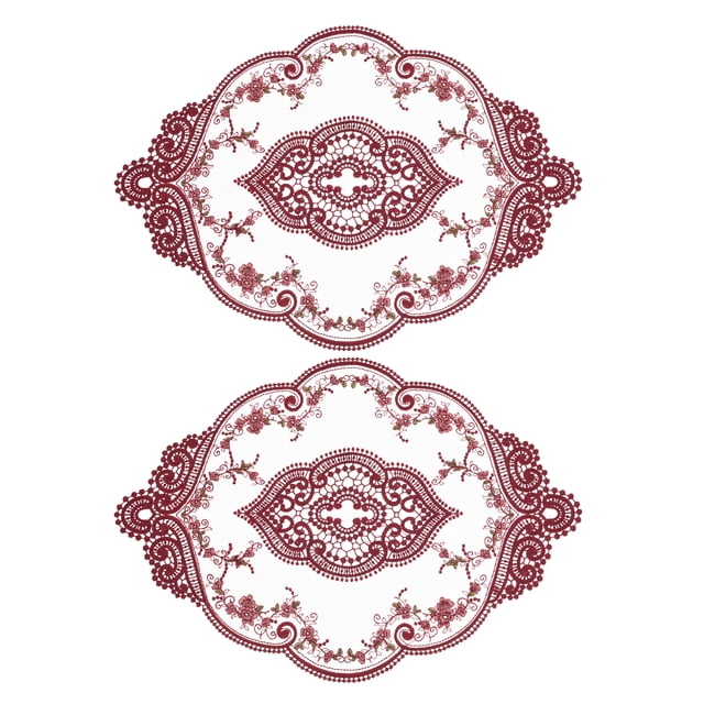 2 Paquetes Salvamanteles de Encaje Retro 12X17 Pulgadas Ovalado Manteles Individuales Bordados de Encaje Francés Posavasos para Mesa de Hogar Y Bodas, Rojo