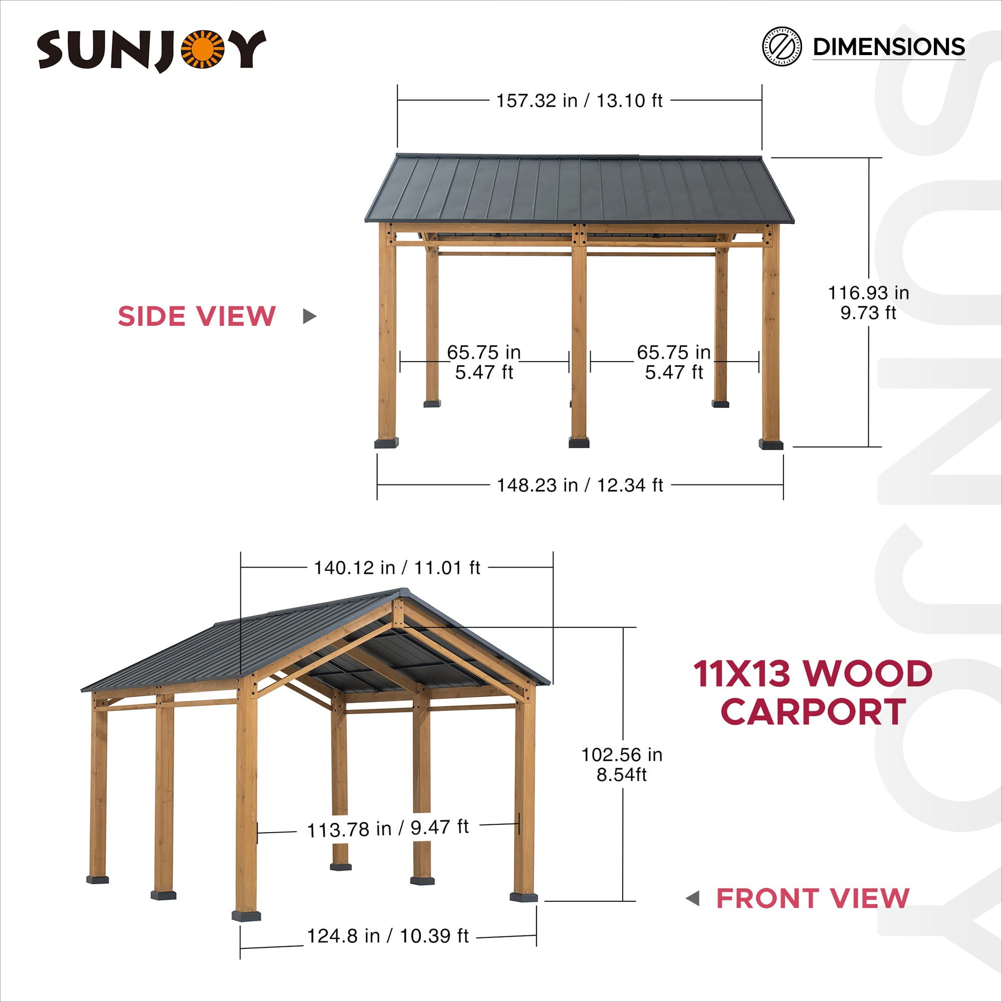 AutoCove 11x13 Wood Carport, Black Gable Roof Wood Gazebo, Outdoor Living Pavilion with Ceiling Hook