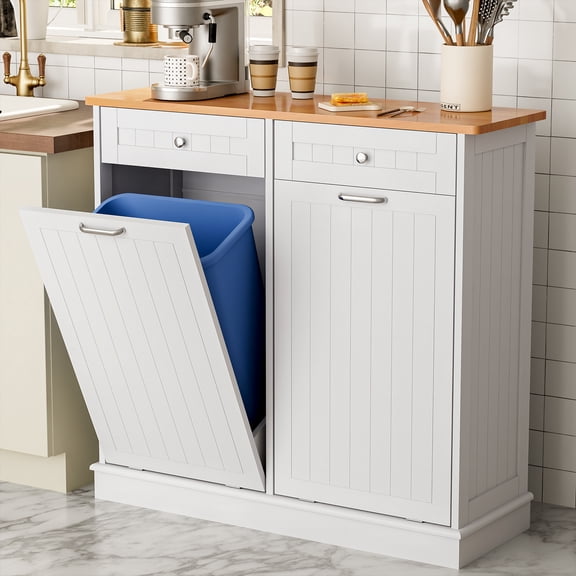 Joywind 2 x 13 Gallon Tilt Out Trash Cabinet with 2 Big Storage Drawer, Solid Wooden Trash Garbage Can Cabinet, Mid-Century Modern Recycling Cabinet & Laundry Sorter for Kitchen Dining Room, White