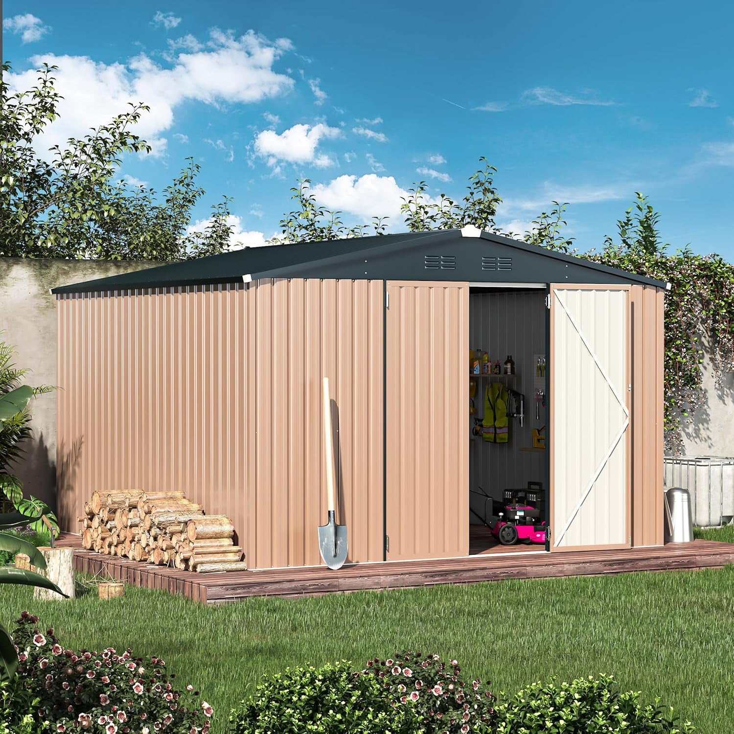 YODOLLA 10 x 10 ft. Outdoor Metal Storage Shed with Sliding Roof & Lockable Door in Brown for Patio, Garden& Backyard