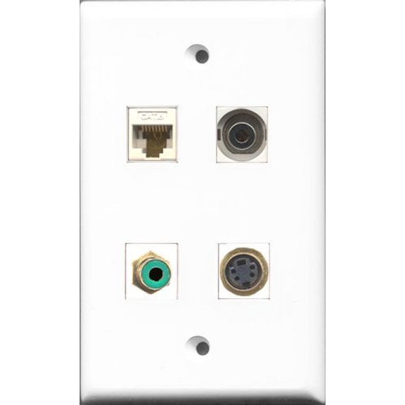 RiteAV 1 Port RCA Green and 1 Port S-Video and 1 Port 3.5mm and 1 Port Cat6 Ethernet White Wall Plate