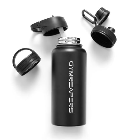 Gymreapers Insulated Water Bottle - Stainless Steel 32 Oz, 3 lids (Straw, Chug, Canteen), Double Walled Vacuum Insulation, Thermo Mug Cold Hot - Durable Powder Coated Finish (Black)
