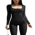 thumbnail image 4 of Women Ribbed Knit Yoga Jumpsuits Square Neck Long Sleeve Bodycon Rompers One-Piece Workout Sports Outfits, 4 of 7