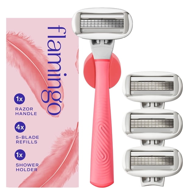 Flamingo Original Rasoir - Trousse de Rasage pour Femmes pour le Rasage Quotidien - Comprend 1 Manche de Rasoir, 4 Recharges à 5 Lames et 1 Support de Douche - Bande Lubrifiante - Prise Antidérapante - Charnière Flexible - Rose