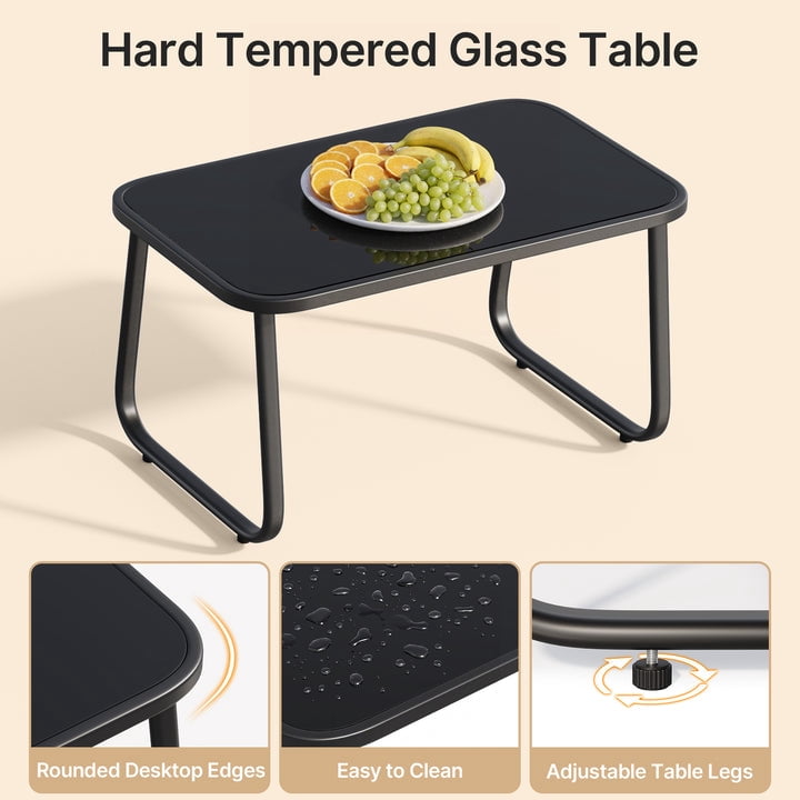 4-Piece steel Patio Furniture Set, Outdoor Leisure Table & Chair Combination with Tempered Glass Coffee Table, Ideal for Porch, Garden & Lawn Black