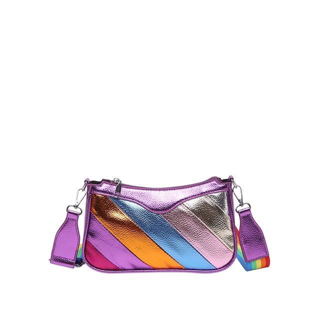 Bolso Mensajero Hombro Cruzado para Mujeres Rainbow PU Cuero A Rayas Correa Ajustable Embrague