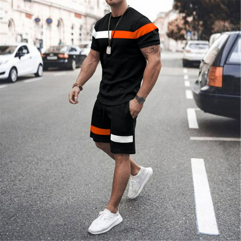 wendunide workout sets for men Men Summer Spring And Summer Striped Squares  Tracksuit 2 Piece Outfits Short Sleeve T Shirts And Shorts Jogging Sets  Athletic Sports Suit Sweatsuits Sportswear Black XL 