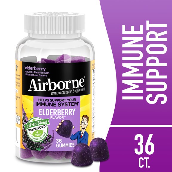 Airborne Vitamin C & Zinc Immune Support Gummies, Multivitamin Supplement, Elderberry Flavor, 36 ct