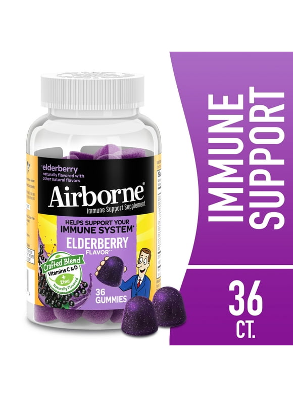 Airborne Elderberry + Zinc & Vitamin C Gummies For Adults, Immune Support Vitamin D & Zinc Gummies with Powerful Antioxidant Vitamins C & E - 36 Gummies, Elderberry Flavor