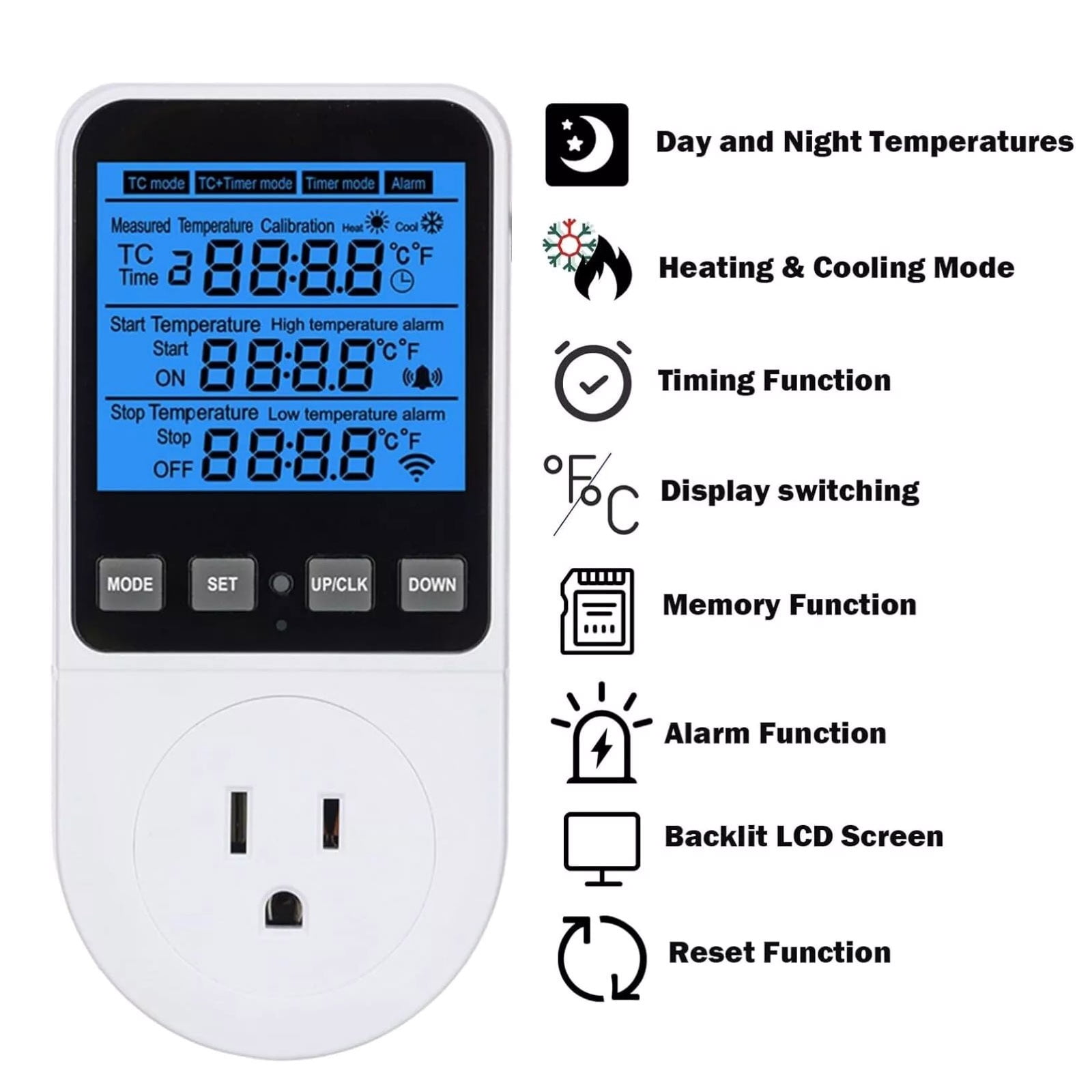GUYUTING 4 Mode Temperature Control Socket with Timer Alarm Function Persistent Memory 1.7m NTC Sensor Incubator Greenhouse