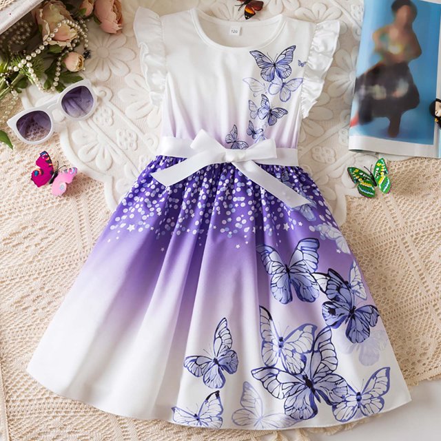 Robes pour Petite Fille Robe d'Été à Manches Volantées Robe de Princesse Robe Évasée à Étages en Ligne A Robe Papillon Robe Chic pour Filles